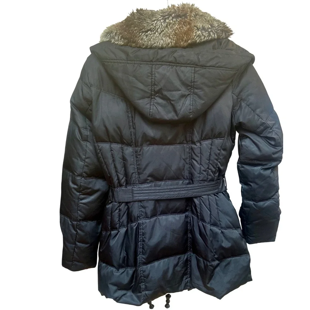 Vince Camuto Women's Black Belted Faux Fur Hooded Down Puffer‎ Coat Size M